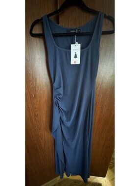 ZESICA Womens M Navy Blue Ribbed Ruched Side Maxi Dress NWT Sleeveless